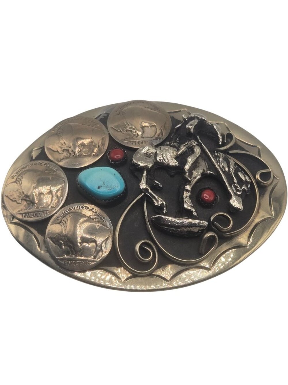 End of The Trail Belt Buckle Vintage Western Wear Coral Turquoise Stones Buffalo